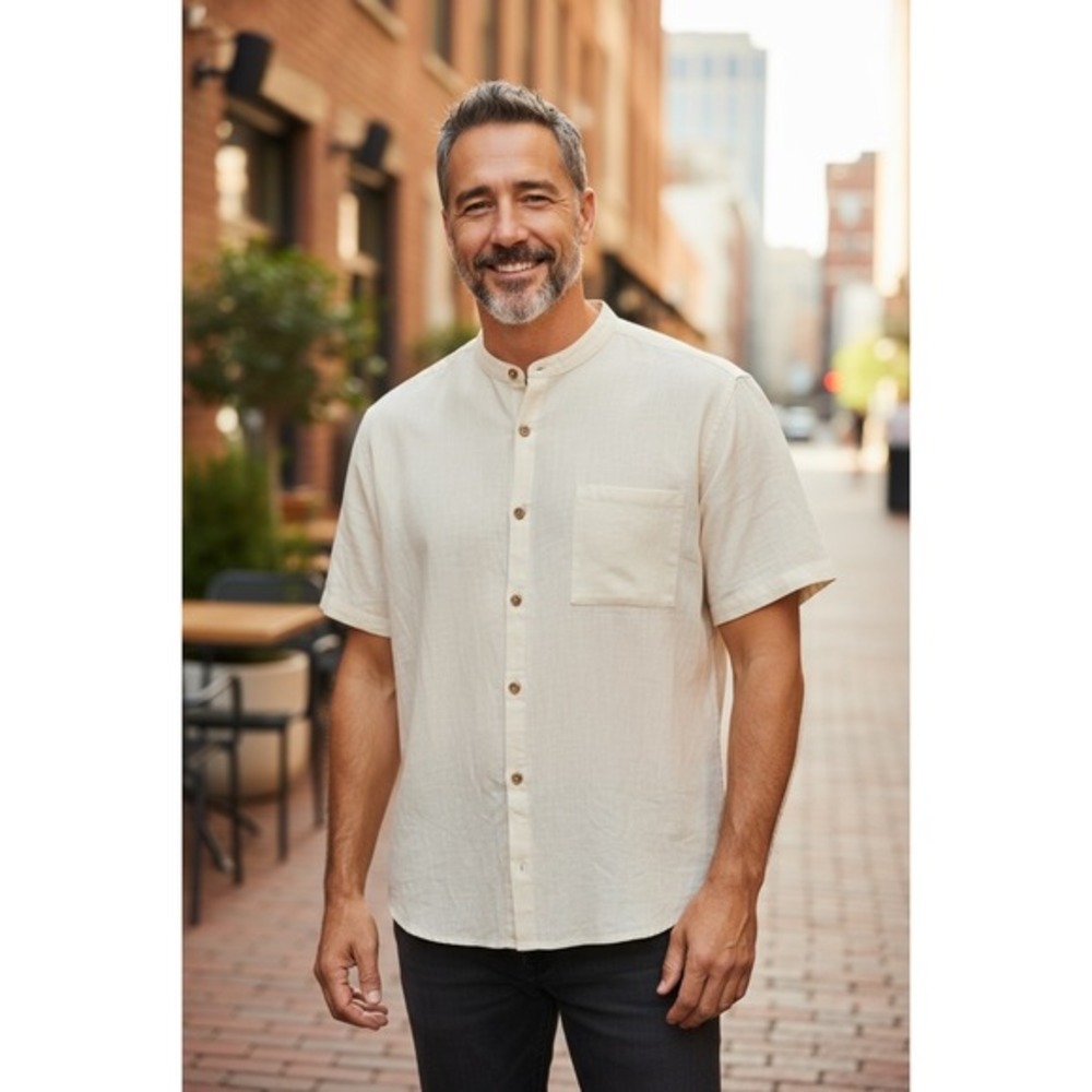 Mens‎ Beige Cotton Flax Grandad Shirt Band Collar Short Sleeve Casual XXL